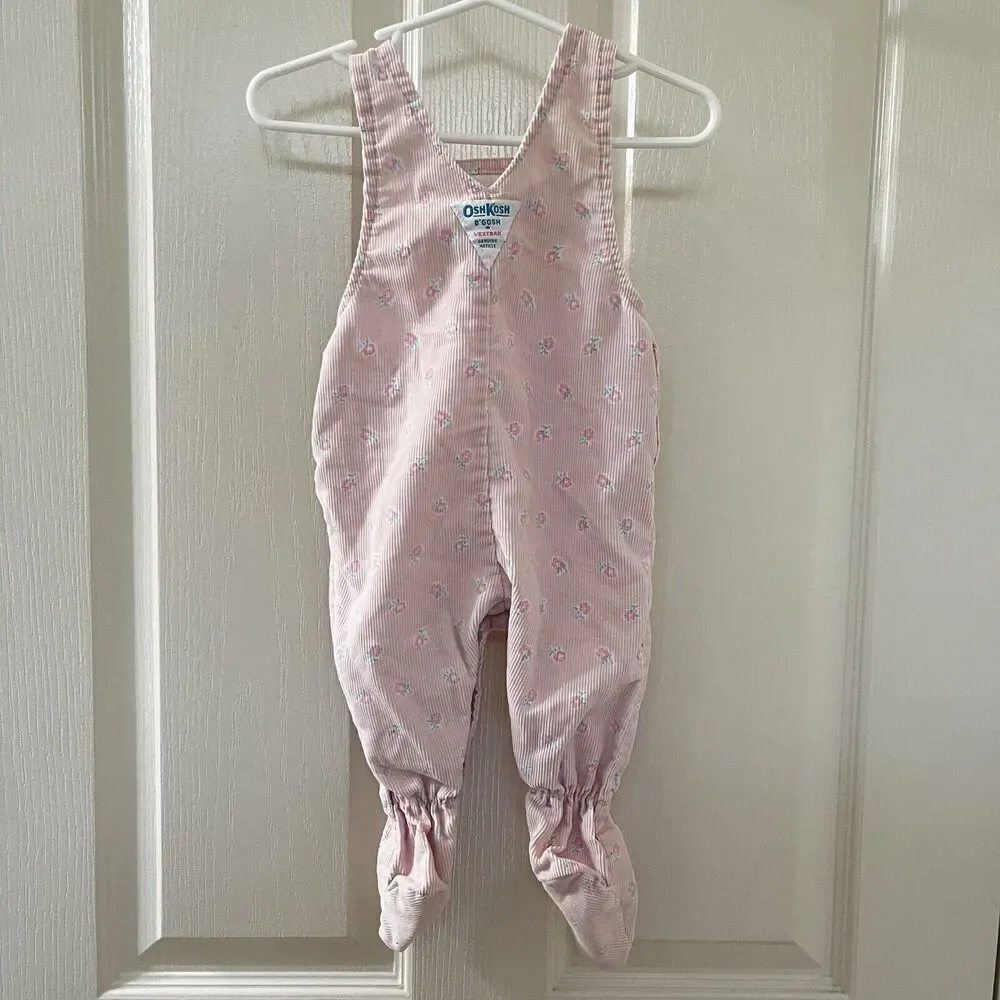 Vintage Oshkosh B'gosh Pink Floral Corduroy Overalls with Feet USA SZ 3-6 Months